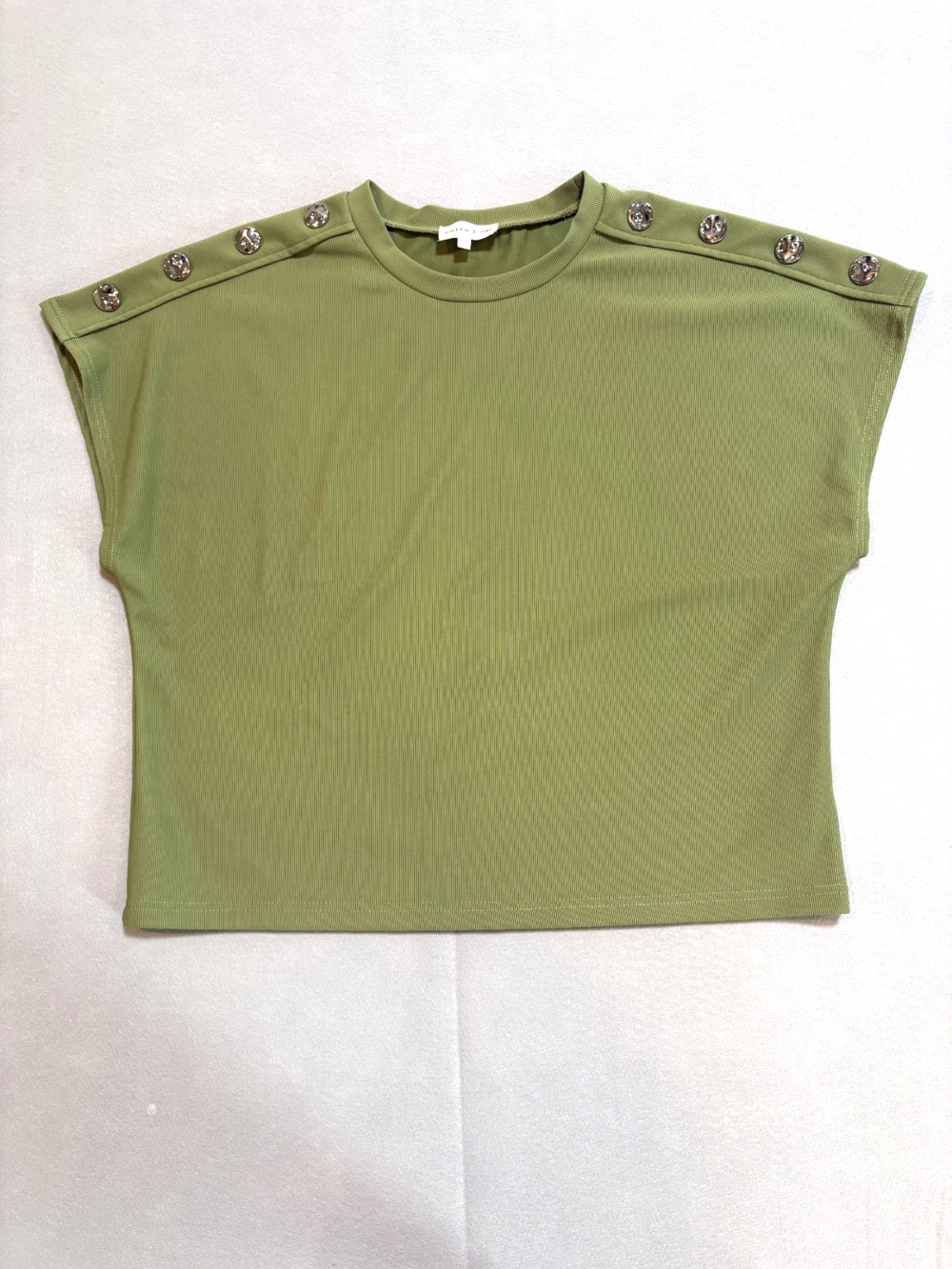 Entro Women's Large Olive Green‎ Button Shoulder Boxy Top Military Style